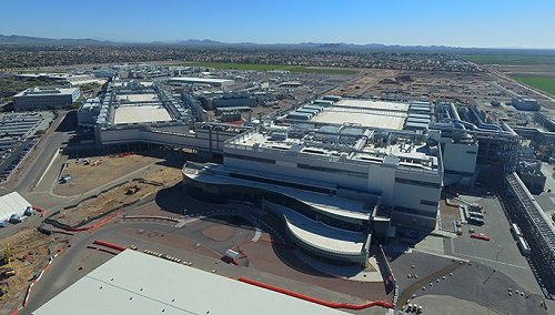 Intel’s newest factory, Fab 42, became fully operational in 2020 on the company’s Ocotillo campus in Chandler, Arizona. Fab 42 produces microprocessors using the company’s 10nm manufacturing processes. In March 2021, Intel announced a $20 billion investment to build out two new factories (or “fabs”) on the Ocotillo campus. The company expects to begin planning and construction activities this year. (Credit: Intel Corporation)